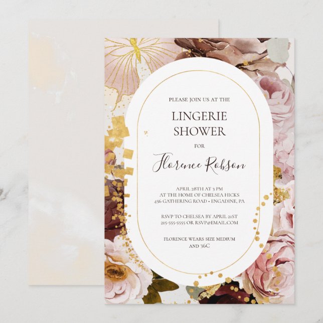 Invitación Moderna ducha Rubor Floral Watercolor Lingerie (Anverso / Reverso)