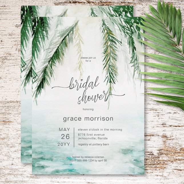 Invitación Moderna ducha tropical de agua y palmeras (Modern Tropical Water & Palms Bridal Shower Invitation)