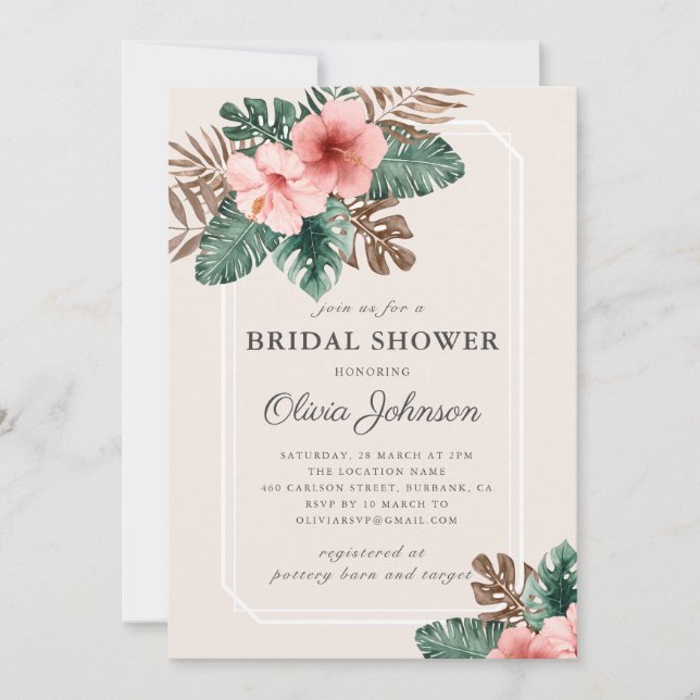 Invitación Moderna ducha tropical de novias con flores de Boh (Anverso)