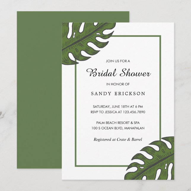 Invitación Moderna ducha tropical verde de hojas de palma ver (Anverso / Reverso)