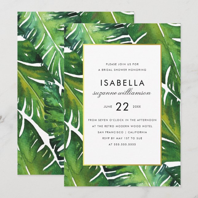 Invitación Moderna ducha tropical verde de hojas tropicales (Anverso / Reverso)