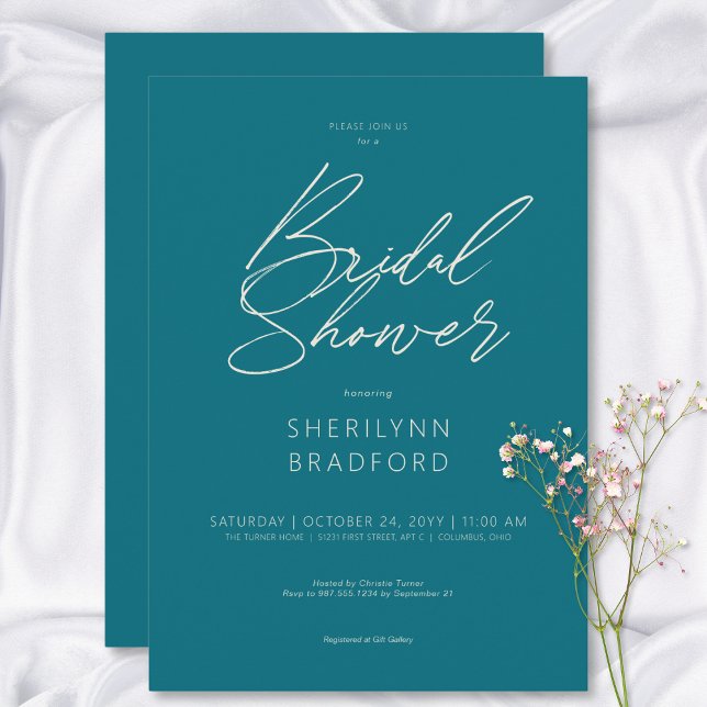 Invitación Moderna ducha Verde azulada mínima para novias (Modern Minimal Teal Bridal Shower Invitation)