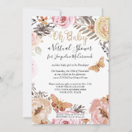 Invitación Moderna ducha virtual con mariposa floral rosa y p