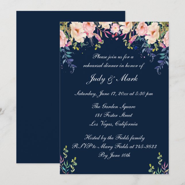 Invitación Moderna elegancia Ensayo Floral Rosa Cena (Anverso / Reverso)