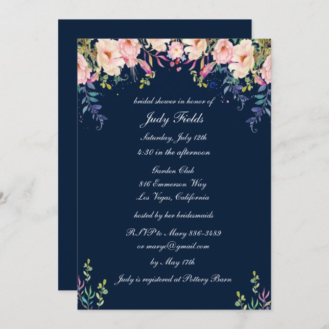 Invitación Moderna Elegancia Floral Rosa Ducha Bridal (Anverso / Reverso)