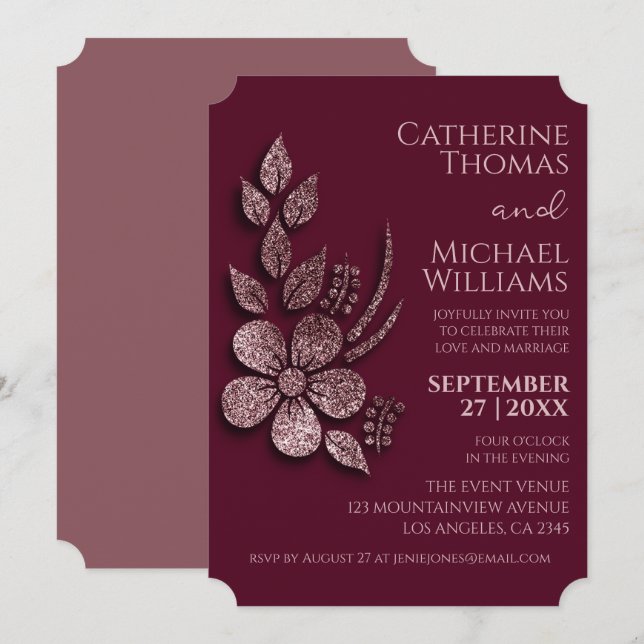 Invitación Moderna elegancia Rosa Purpurina de oro Floral y b (Anverso / Reverso)