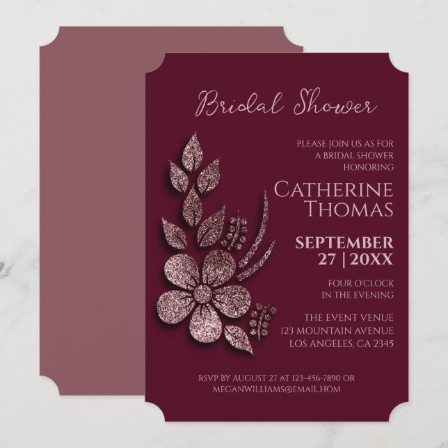 Invitación Moderna elegancia Rosa Purpurina de oro Floral y b (Anverso / Reverso)