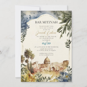 Invitación Moderna Elegante Bar Mitzvah Azul Acuarela Judía