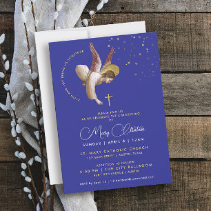 Invitación Moderna Elegante Ceremonia Religiosa Azul Real Dor