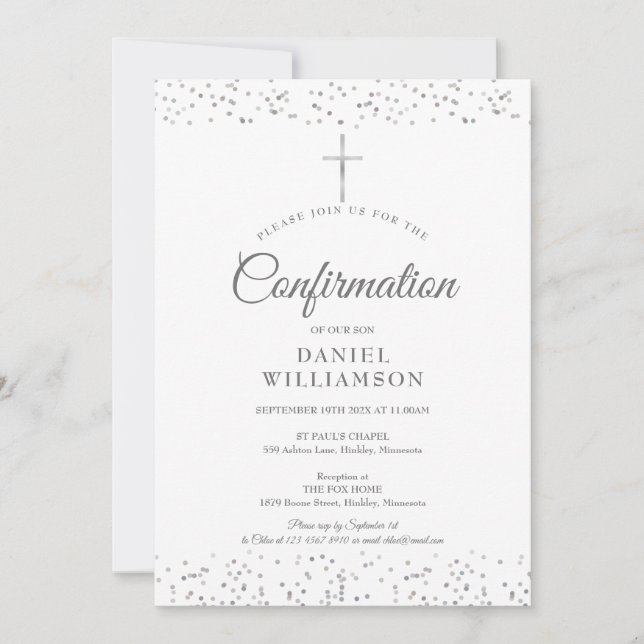 Invitación Moderna Elegante Confirmación de Plata Estrellada (Anverso)