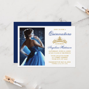 Invitación Moderna Elegante Corona Azul Real Quinceañera