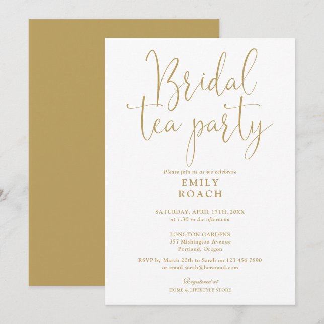 Invitación Moderna elegante escritura dorada Bridal Tea Fiest (Anverso / Reverso)