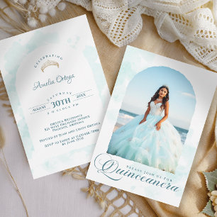 Invitación Moderna Elegante Foto de Quinceañera en Azul Claro