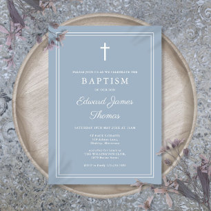 Invitación Moderna Elegante Frontera Bautizo Azul Polvo
