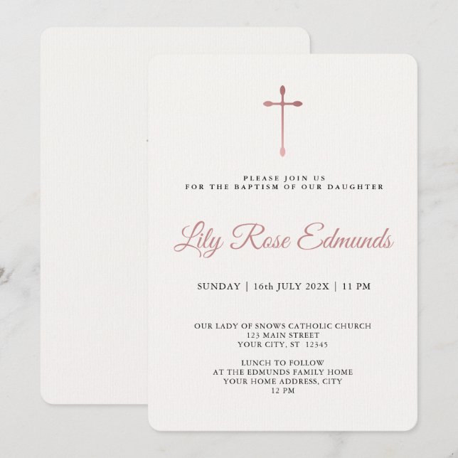 Invitación Moderna Elegante Rosa Oro & Negro Bautizo  (Anverso / Reverso)