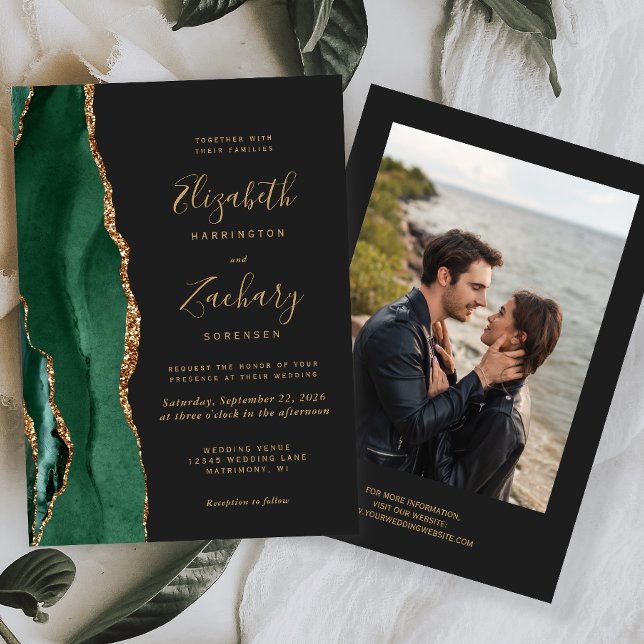 Invitación Moderna Emerald Green Gold Agate Foto Boda oscuro (Subido por el creador)