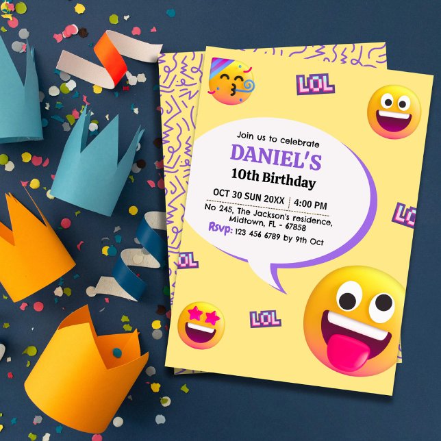 Invitación Moderna emoji alegre y divertida con tema de 10 añ (Front/Back )