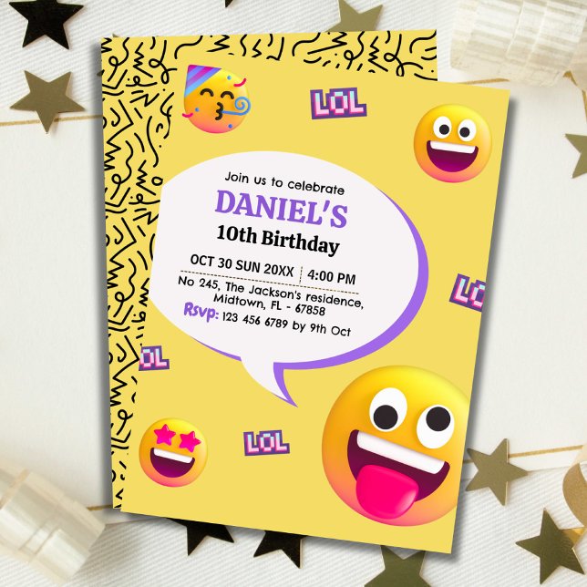 Invitación Moderna emoji alegre y divertida con tema de 10 añ (Front/Back )