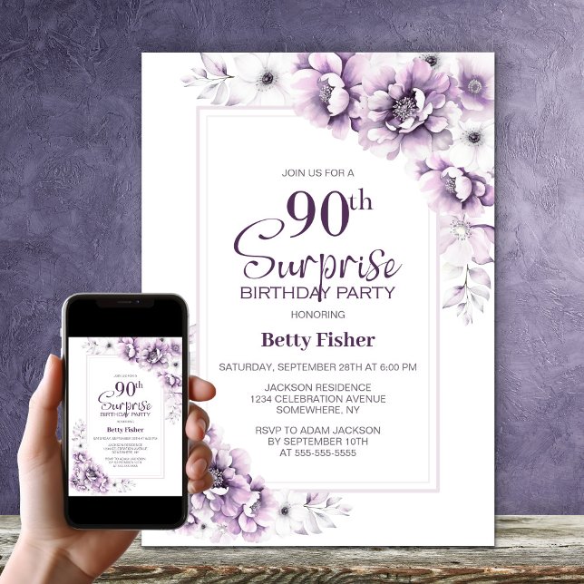 Invitación Moderna empresa floral rosa sorpresa 90 cumpleaños (Subido por el creador)