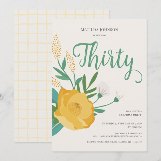 Invitación Moderna empresa floral Sorpresa 30 cumpleaños Fies (Anverso / Reverso)