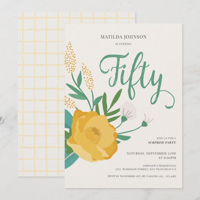 Invitación Moderna empresa floral Sorpresa 50 cumpleaños (Anverso / Reverso)