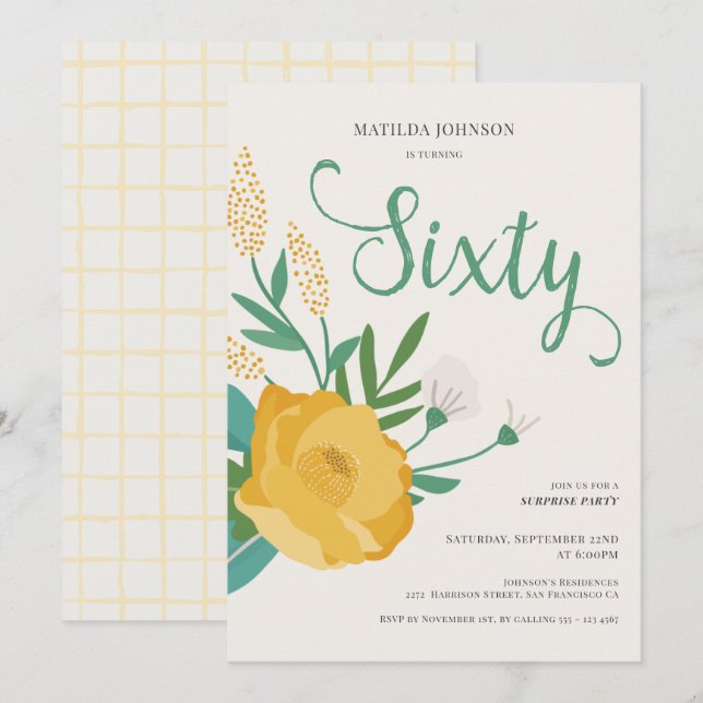 Invitación Moderna empresa floral Sorpresa 60 cumpleaños (Anverso / Reverso)