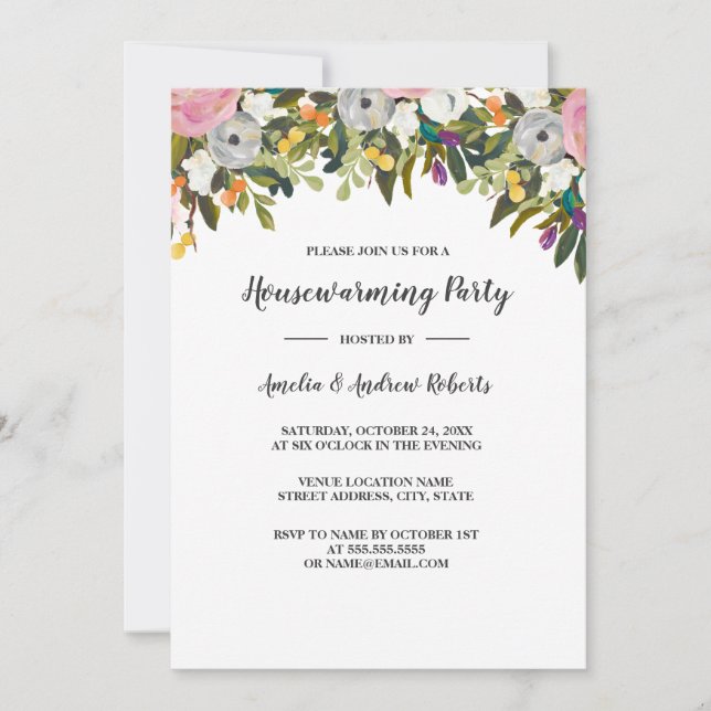 Invitación moderna en el hogar rosa floral (Anverso)
