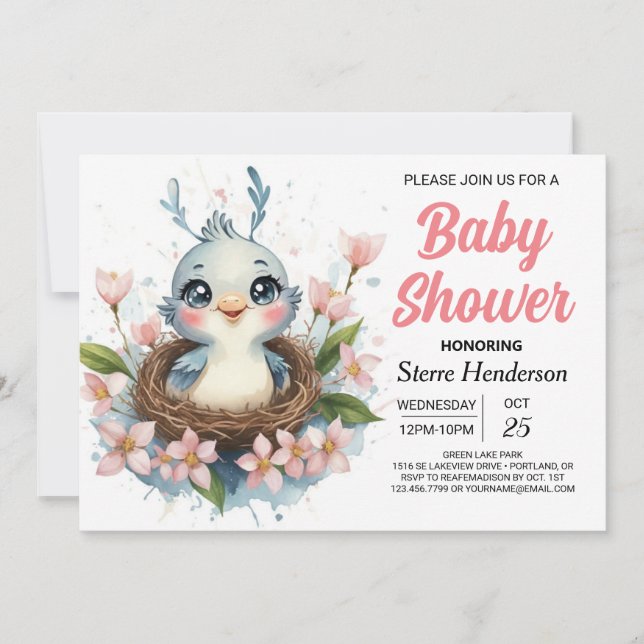 Invitación Moderna encantada en el Baby Shower de aves de Woo (Anverso)