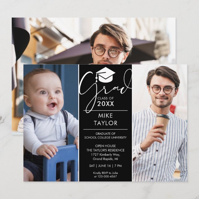Invitación Moderna Entonces Y Ahora 3 Fotos De Graduación (Anverso / Reverso)