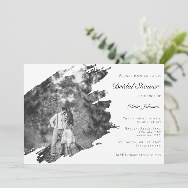 Invitación Moderna escobillera foto ducha de novia | Blanca (Anverso de pie)