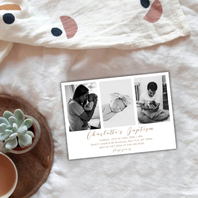 Invitación Moderna escritura de oro Familia foto bautismo (Modern Gold Script Family Baby Photo Baptism Invitation)