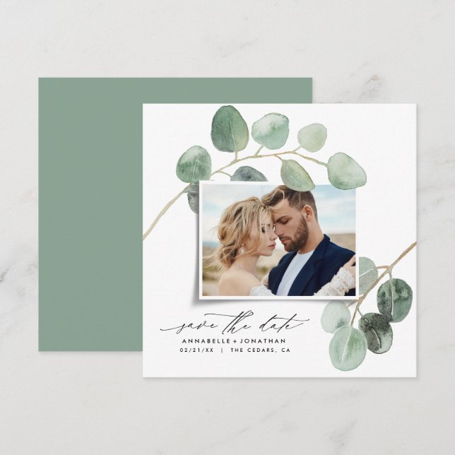 Invitación Moderna escritura elegante foto vintage eucalipto (Anverso / Reverso)
