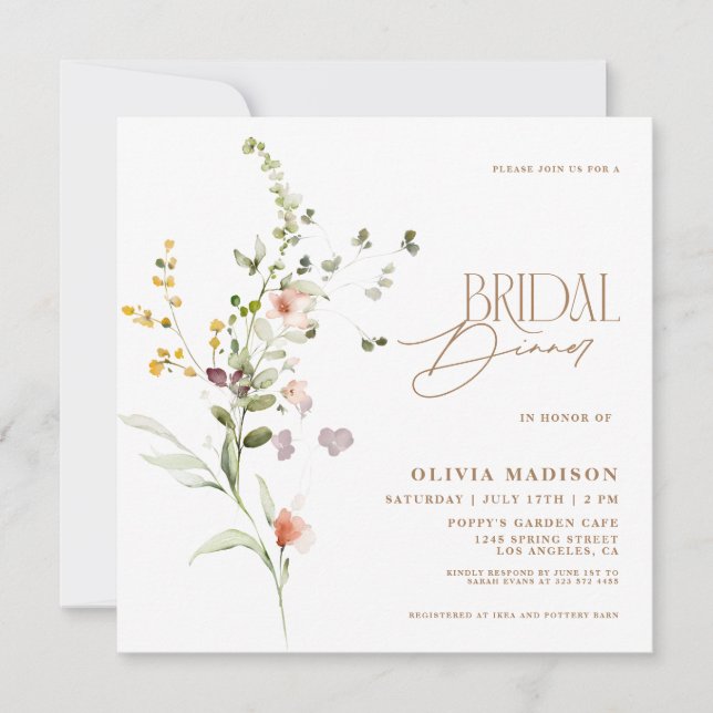 Invitación Moderna escritura Floral Garden Cena de novias (Anverso)