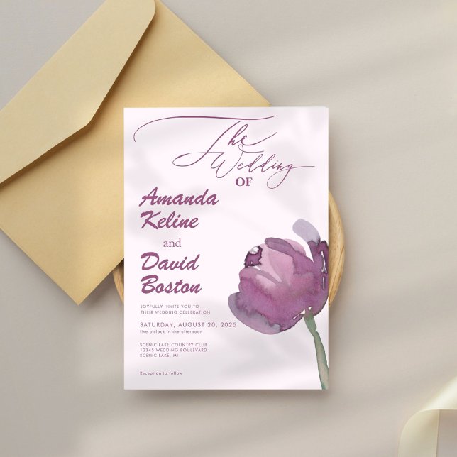 Invitación Moderna escritura floral púrpura elegante matrimon (Subido por el creador)