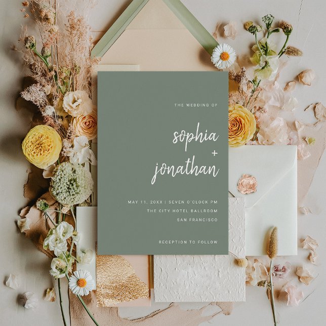 Invitación Moderna escritura Minimalista Sage Green | BODA (A chic, sage green wedding invitation with modern white typography)