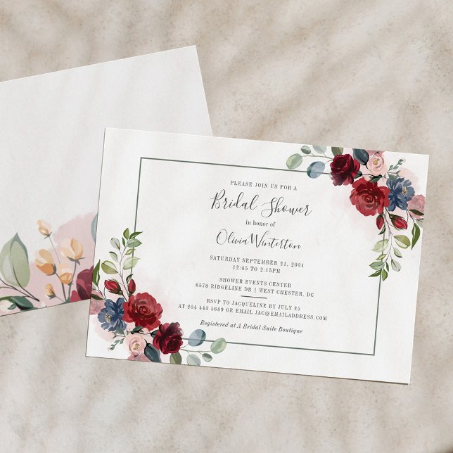 Invitación Moderna escritura Rubor Burgundy Floral Bridal Sho (Subido por el creador)