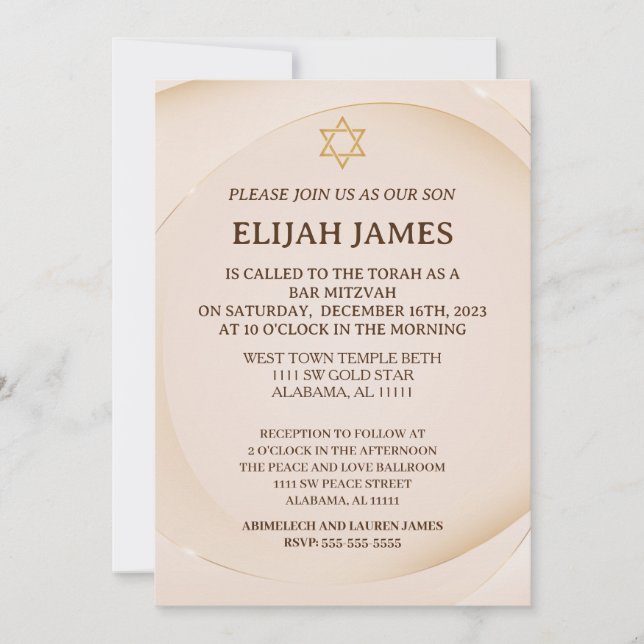 Invitación Moderna Estrella de David Bar Mitzvah Dorada Elega (Anverso)