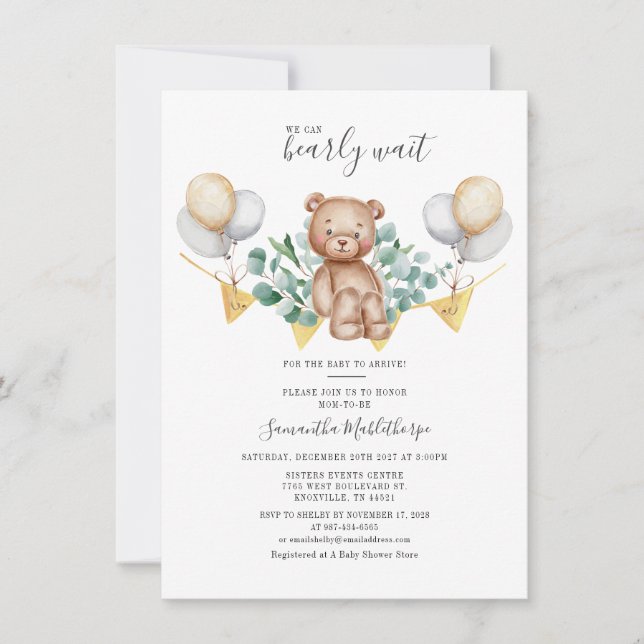 Invitación Moderna eucalipto La vegetación deja el oso Baby S (Anverso)