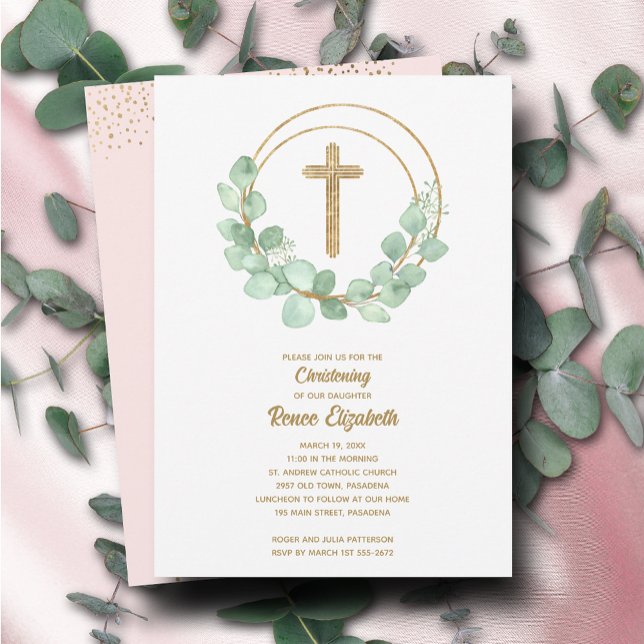 Invitación Moderna Eucalyptus Chica Christening (Subido por el creador)