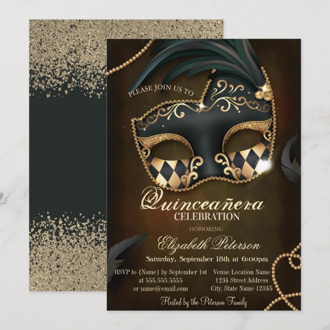 Invitación Moderna Faux Gold Diamonds Masquerade Quinceañera (Anverso / Reverso)