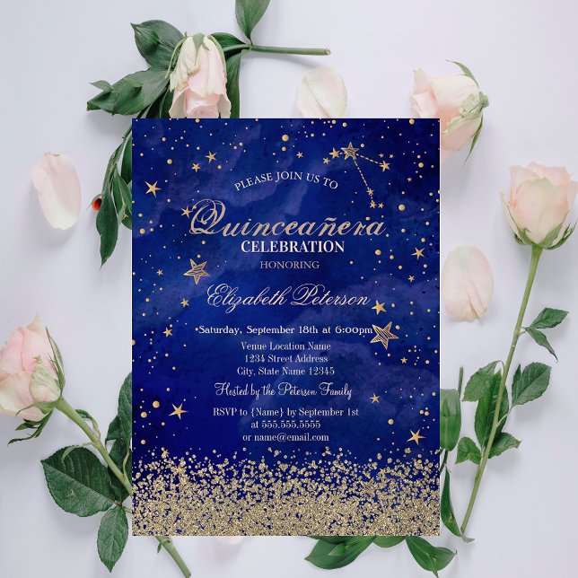 Invitación Moderna Faux Gold Diamonds Stars Blue Quinceañera (Subido por el creador)