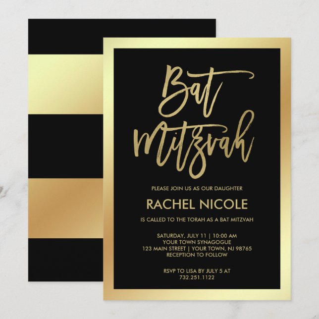 Invitación moderna Faux Gold y Black Bat Mitzvah (Anverso / Reverso)