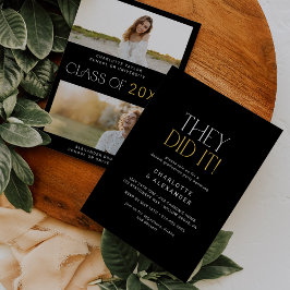 Invitación Moderna Fete Black Gold Photo Doble Graduación