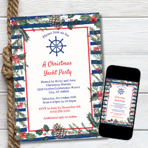 Invitación Moderna Fiesta Azul de Rayas de Navidad en Yate