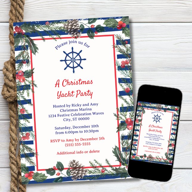 Invitación Moderna Fiesta Azul de Rayas de Navidad en Yate (Subido por el creador)