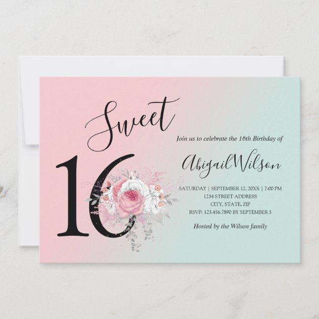 Invitación Moderna fiesta de 16 años, dulce y floral (Anverso)