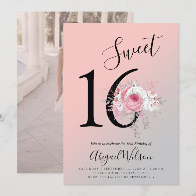 Invitación Moderna fiesta de 16 años, dulce y floral (Anverso / Reverso)
