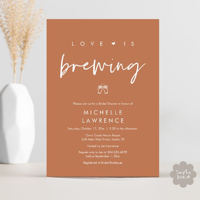 Invitación Moderna Fiesta de Cerveza Romántica Cuta Ducha Bri (Beer Party Bridal Shower, Love is brewing Invitation card modern romance copper brown)