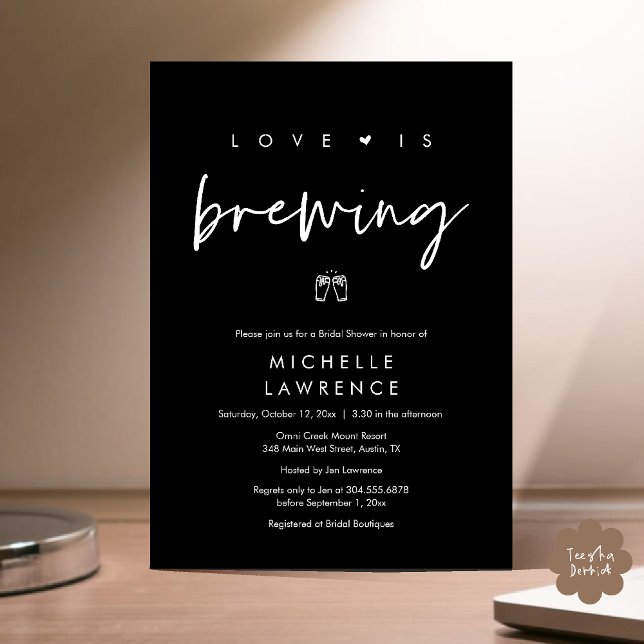 Invitación Moderna Fiesta de Cerveza Romántica Cuta Ducha Bri (Beer Party Bridal Shower, Love is brewing Invitation card modern romance classy black white)