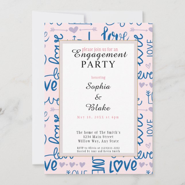 Invitación Moderna fiesta de compromiso de amor rosa y azul (Anverso)